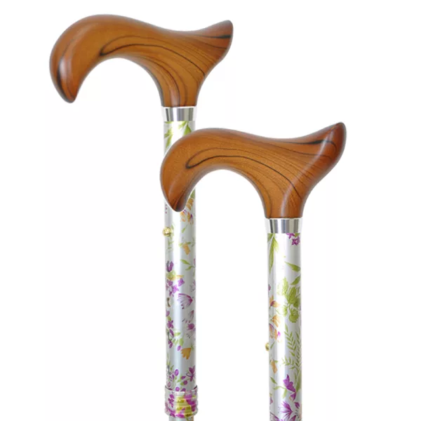 manufacturer Best Woodland Flowers Height Adjustable Folding Cane with Derby Handle