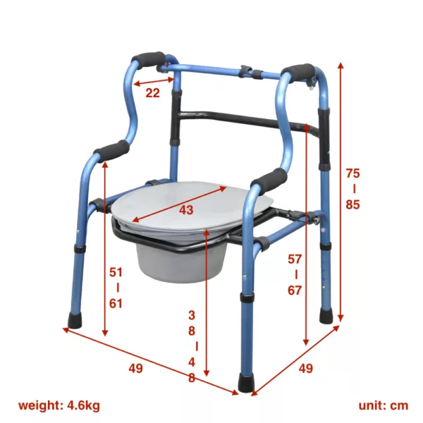 Useful 2 in 1 Folding Walker Adjustable Height with Portable Commode Toilet Chair