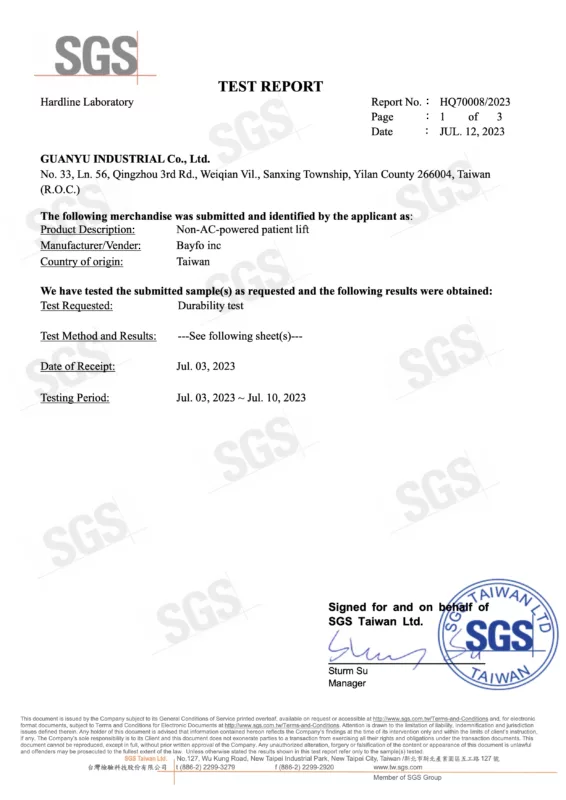 patient lift SGS test report